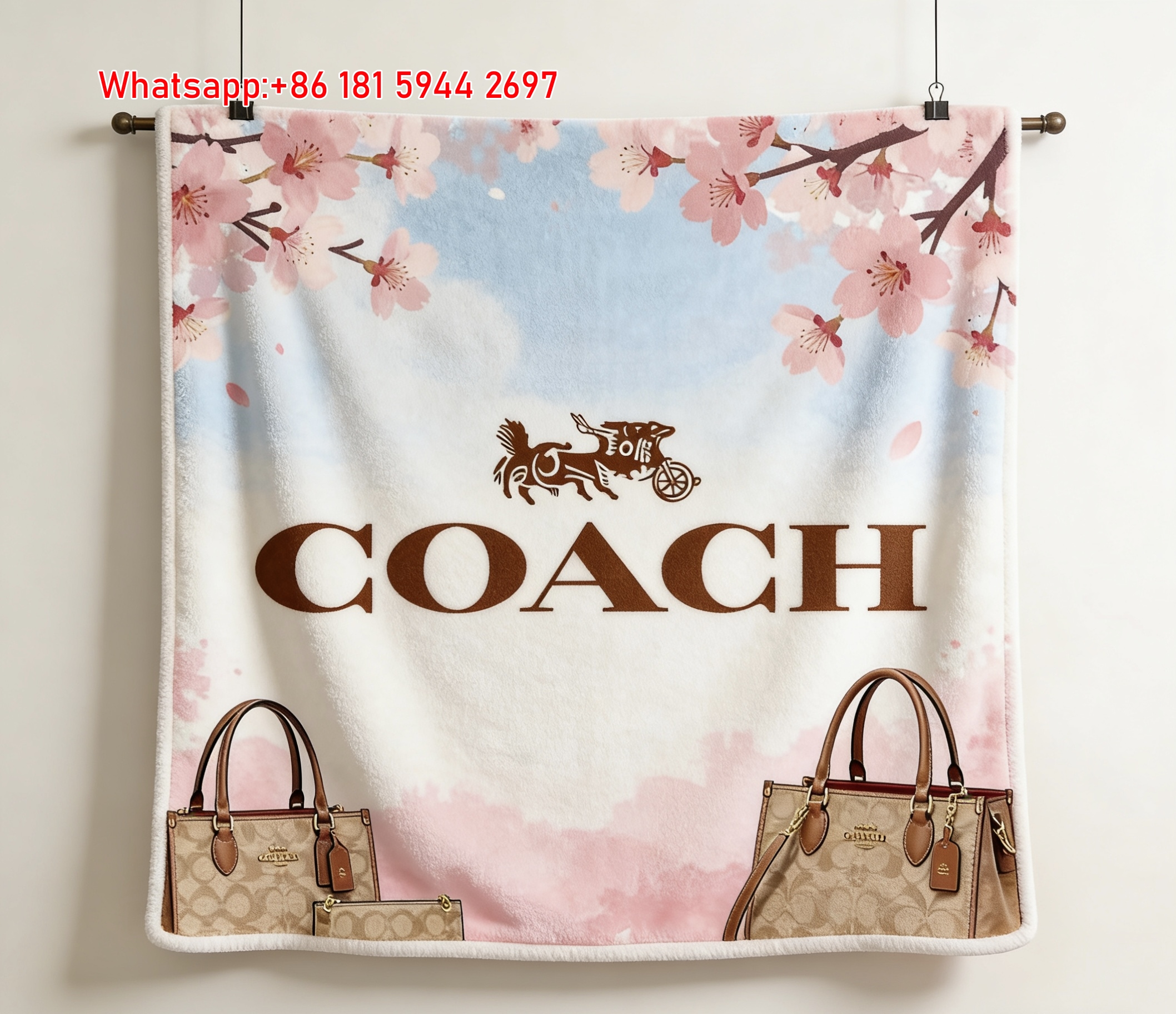 Coach Cherry Blossom Signature Handbags Flannel Throw Blanket for Sofa and Wall Decor C378